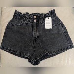 NWT Forever 21 Charcoal Black Paperbag Elastic Waist Denim Shorts Size Small